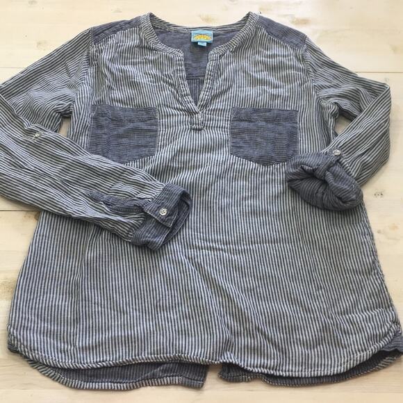 C & C California long sleeve multi-stripe pullover button back chambray top sz M - Picture 3 of 5